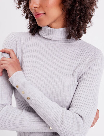 Pull col roulé côtelé gris clair femme