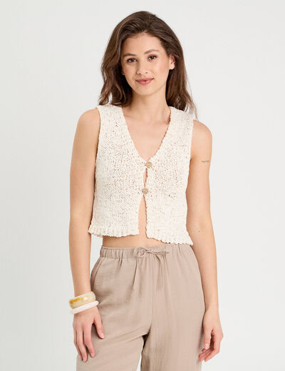 Gilet cropped sans manches ecru femme