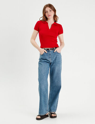 T-shirt manches courtes col polo rouge femme