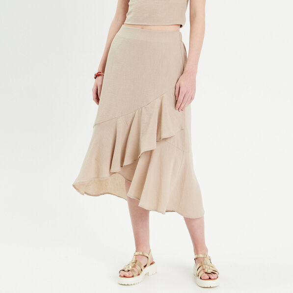 Jupe longue trapèze volants beige femme