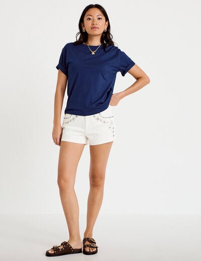 Short en jean avec broderie ecru femme