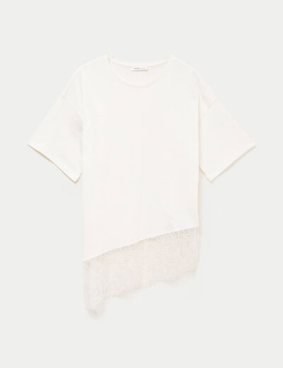 T-shirt oversize longue dentelle ecru femme