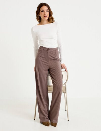 Pantalon large taille haute taupe femme