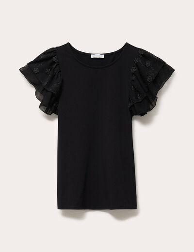 T-shirt ajust&eacute; dentelle col rond noir femme