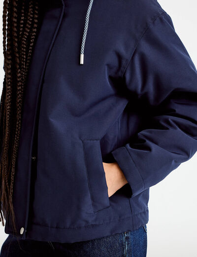 Parka courte &agrave; capuche manches longues bleu marine femme