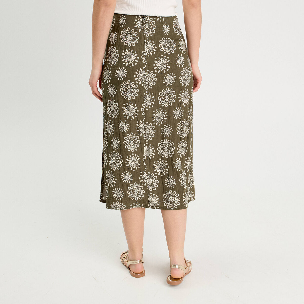 Jupe midi évasée vert kaki femme