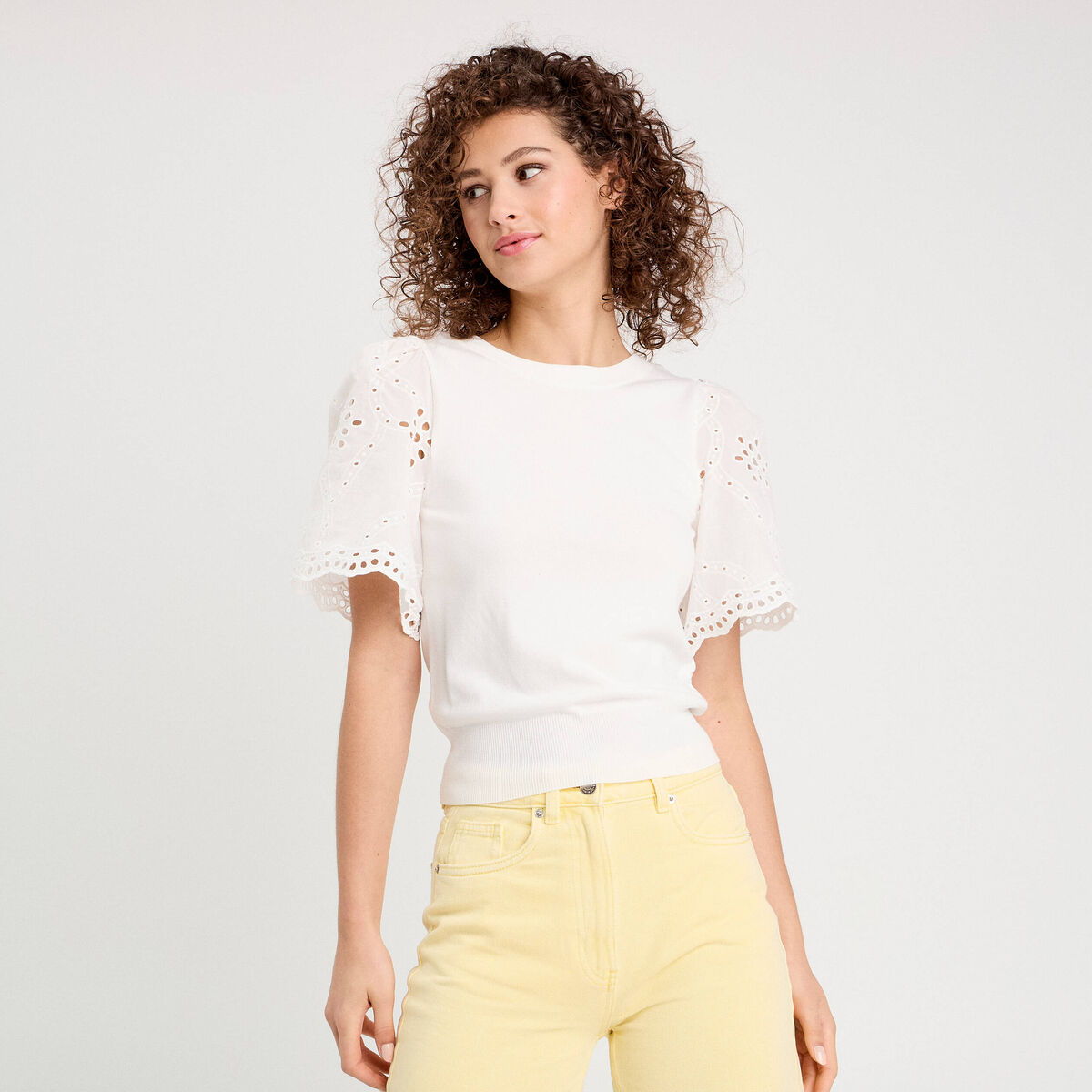 Pull manches broderie anglaise blanc femme