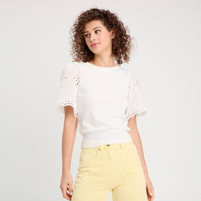 Pull manches broderie anglaise blanc femme