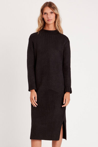 Robe longue droite côtelée noir femme