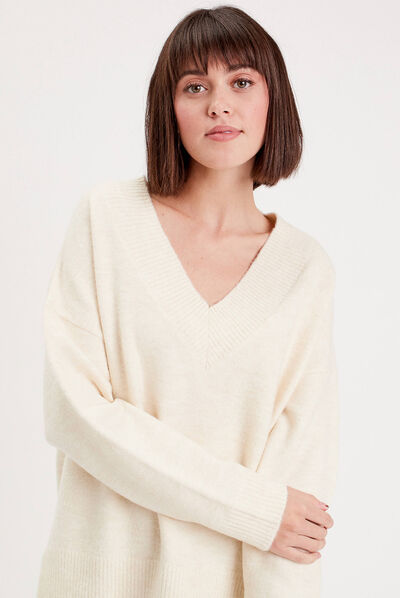 Pull manches longues col en V ivoire femme