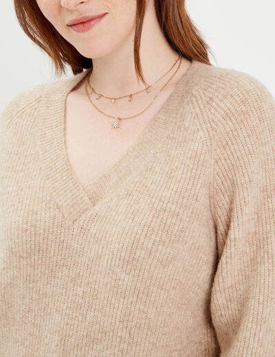 Pull avec col en V beige femme