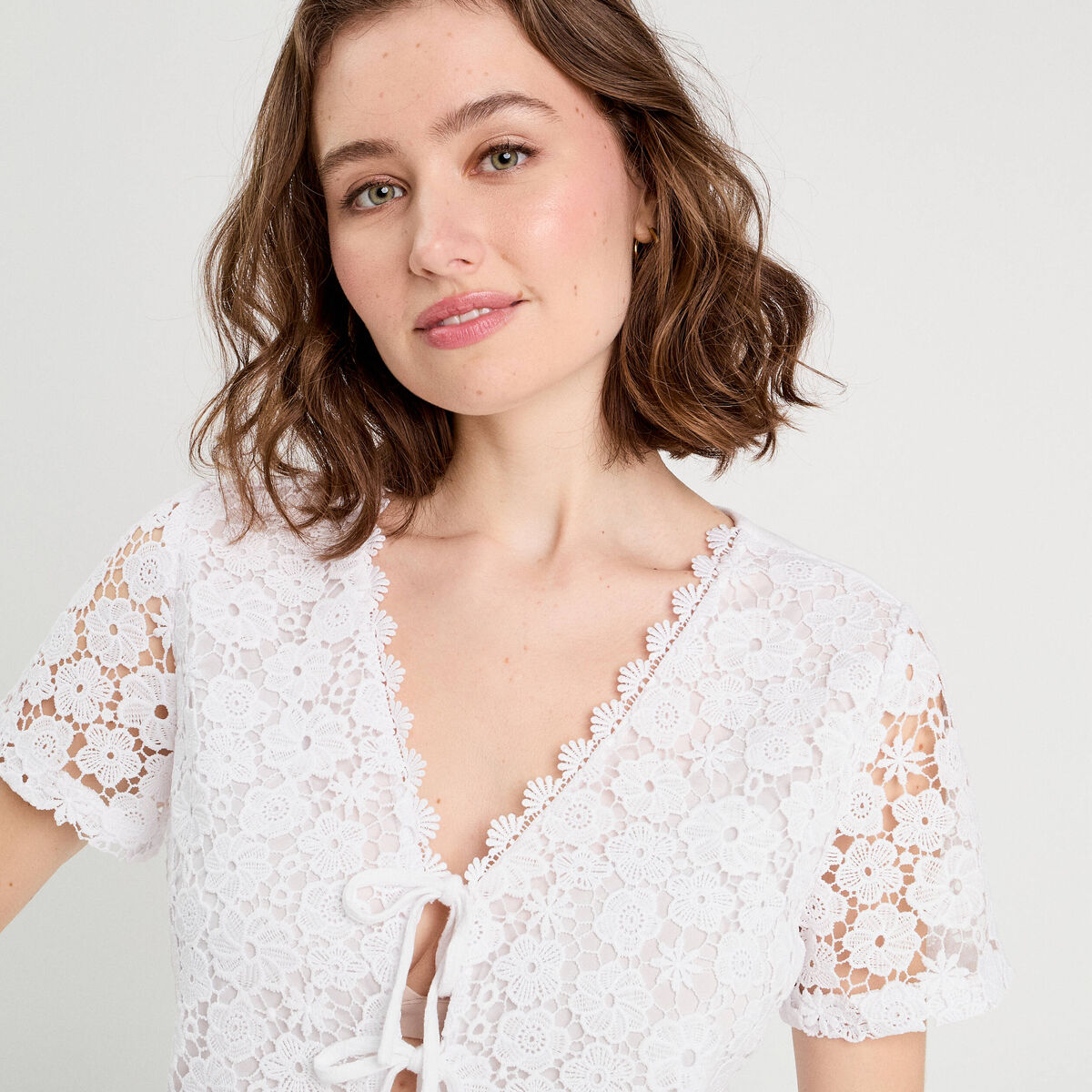 T-shirt noué dentelle guipure blanc femme