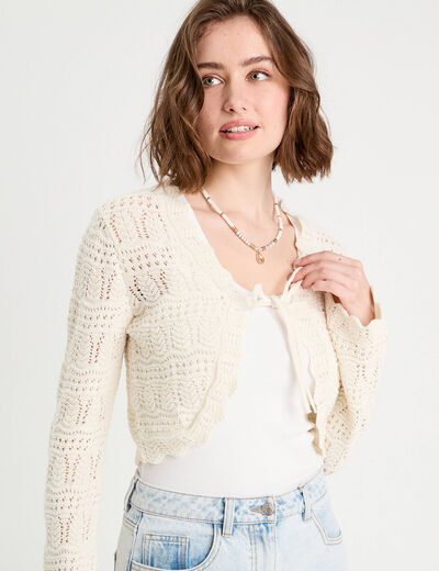 Gilet ajouré noué ecru femme