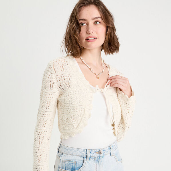 gilet ajoure noue ecru femme Gilet ajouré noué ecru femme