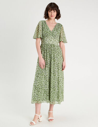 Robe longue évasée col en V vert femme