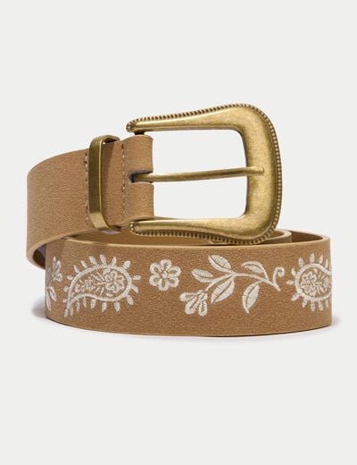 Ceinture large aspect daim broderie beige femme