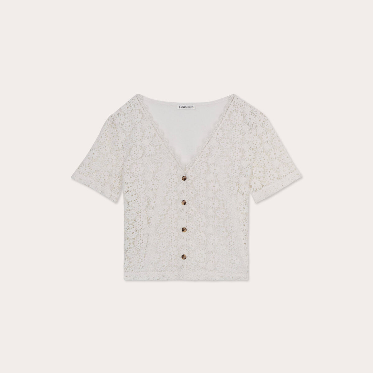 Top macramé boutonné ecru femme