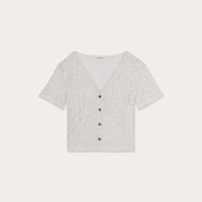 Top macramé boutonné ecru femme