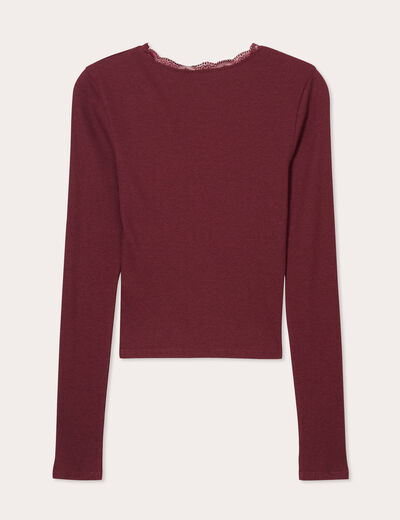 T-shirt cropped côtelé prune femme