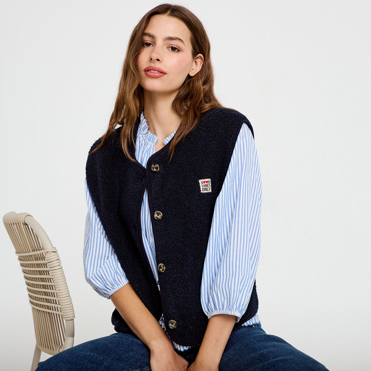 Gilet sans manches fausse fourrure bleu marine femme