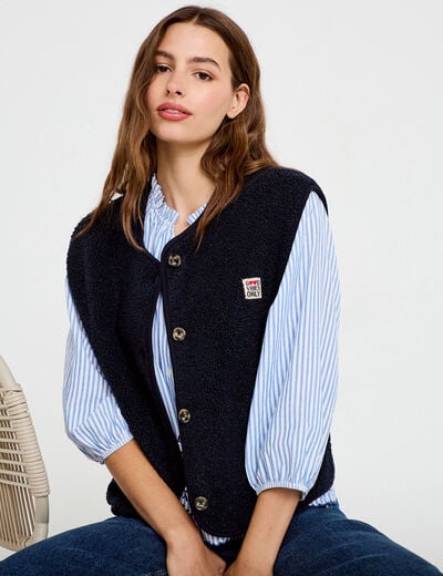 Gilet sans manches fausse fourrure bleu marine femme