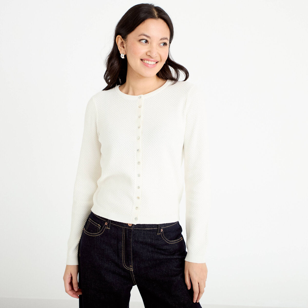 Gilet ajour&eacute; manches longues ecru femme