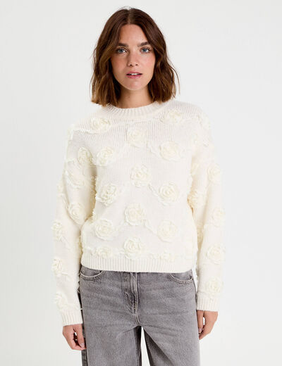 Pull fleurs en relief ecru femme