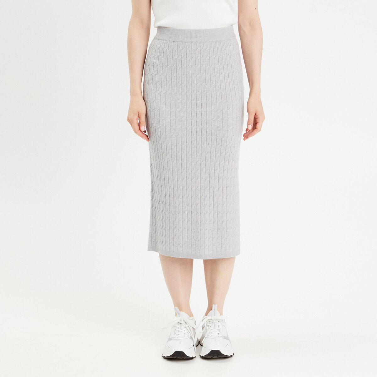 Jupe midi tricot crayon gris clair femme