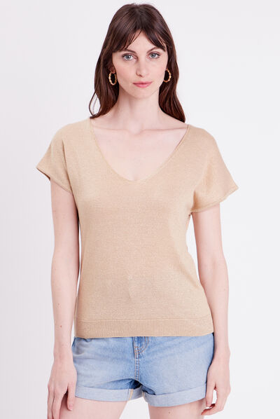 Pull col en V dos ouvert sable femme