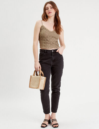 Débardeur cropped macramé vert kaki femme