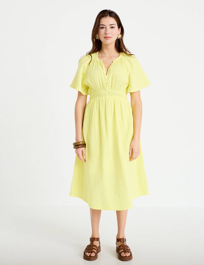 Robe midi pliss&eacute;e col v manches courtes jaune citron femme