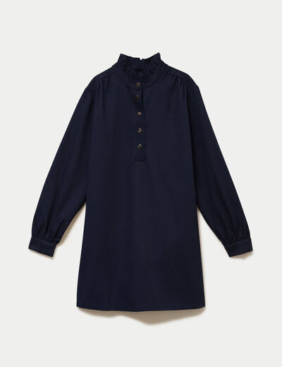 Robe droite col chemise manches longues bleu marine femme