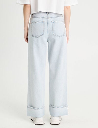 Jeans droit &agrave; revers denim bleach femme