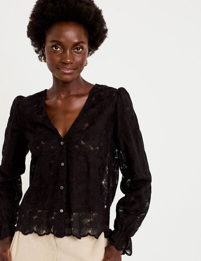 Blouse droite col v en dentelle noir femme