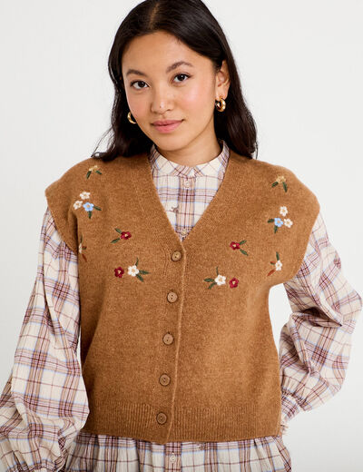 Gilet sans manches col v broderie marron femme