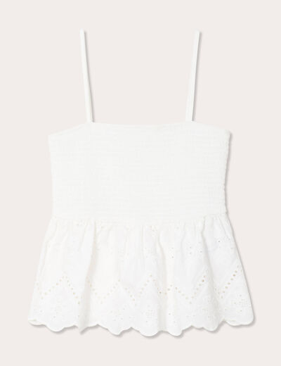 Débardeur smocké et broderie blanc femme