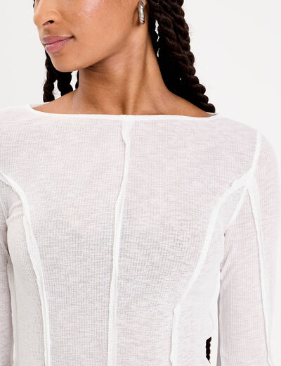 T-shirt cintr&eacute; col rond manches longues blanc femme