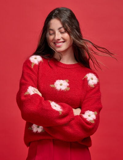 Pull ample col rond manches longues rouge femme