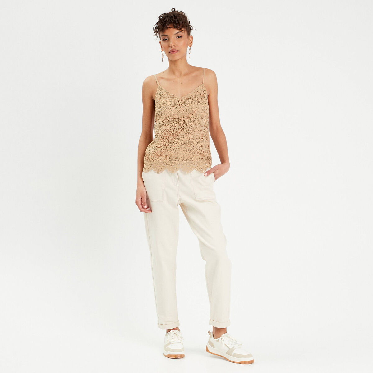 Débardeur aspect macramé beige femme