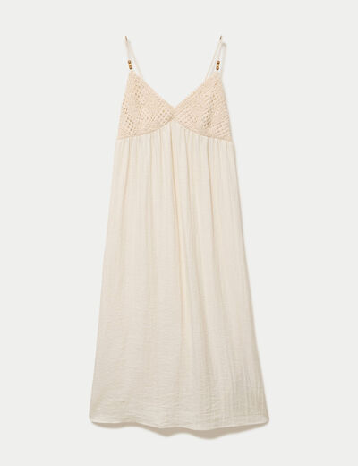 Robe bi-mati&egrave;re col v bretelles fines ecru femme