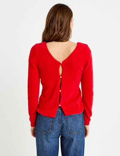 Pull col v manches longues perles rouge femme