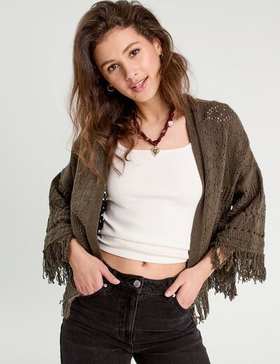 Gilet ajouré avec franges vert kaki femme