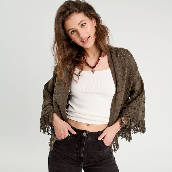Gilet ajouré avec franges vert kaki femme