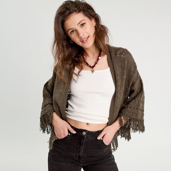 gilet ajoure avec franges vert kaki femme Gilet ajouré avec franges vert kaki femme