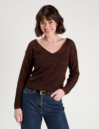 Pull ajouré manches longues marron foncé femme