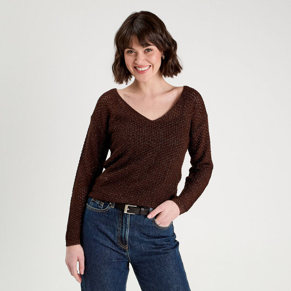 Pull ajouré manches longues marron foncé femme