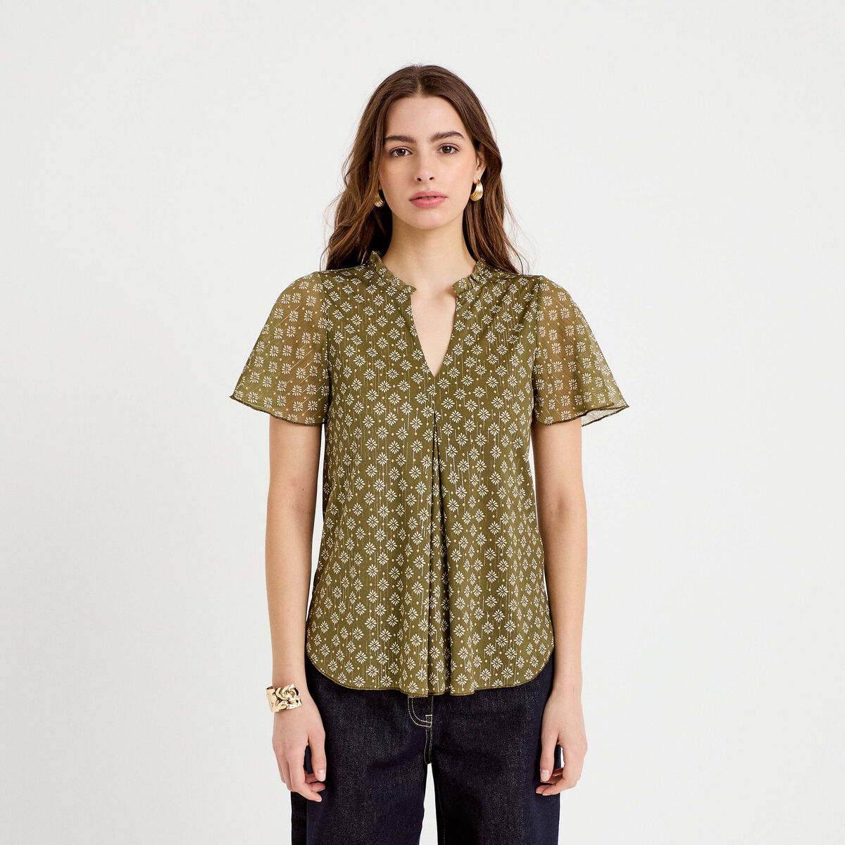 Blouse droite longue manches courtes vert femme