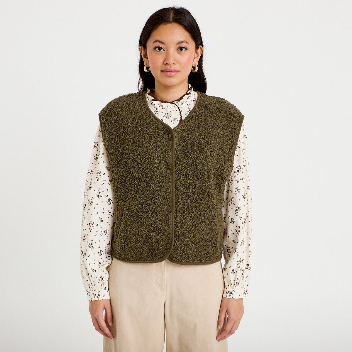 Gilet sans manches effet polaire vert kaki femme