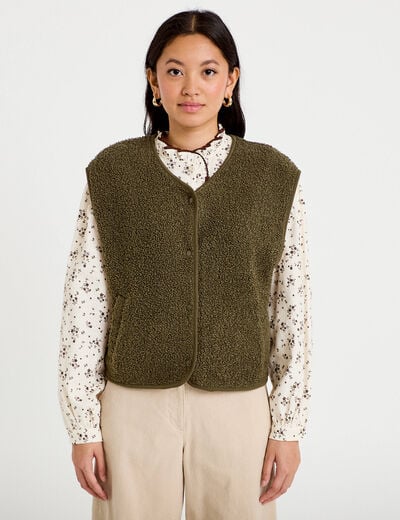 Gilet sans manches effet polaire vert kaki femme