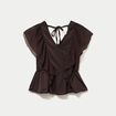 Blouse d&eacute;collet&eacute; voile manches courtes marron fonc&eacute; femme